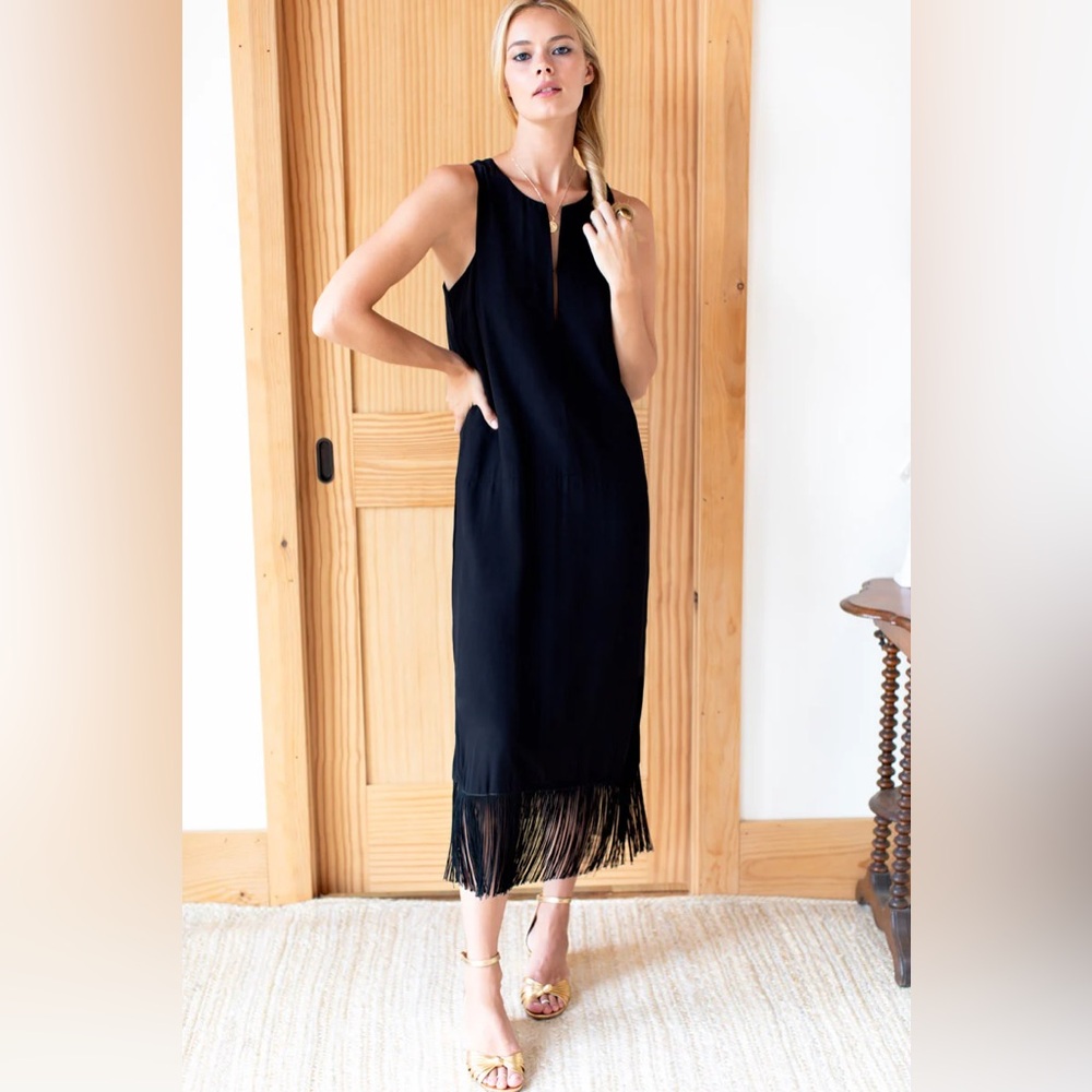 EMERSON FRY CUT OUT FRINGE MIDI DRESS - BLACK